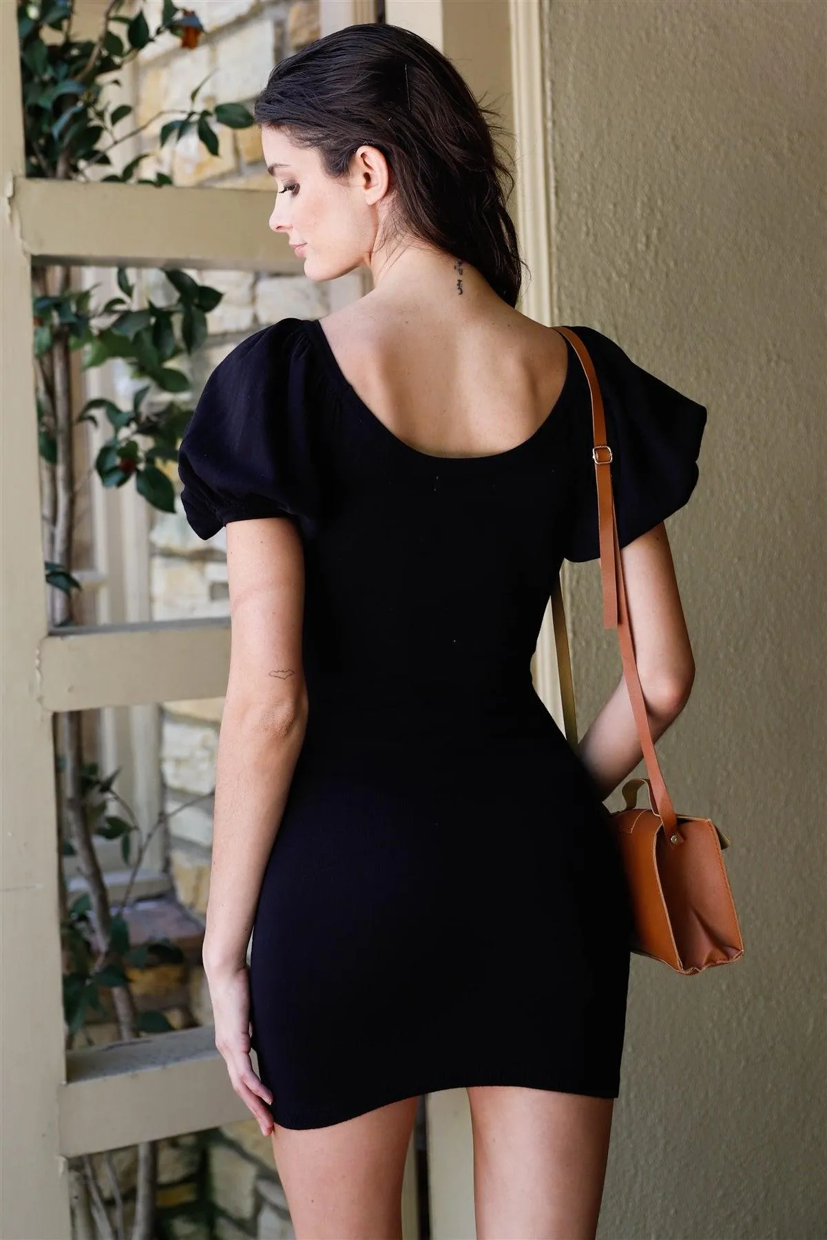 Black Knit Short Balloon Sleeve Bodycon Mini Dress /2-2-2