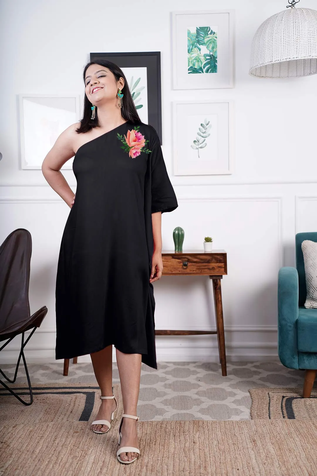Black Rayon OneShoulder Dress - Noirish