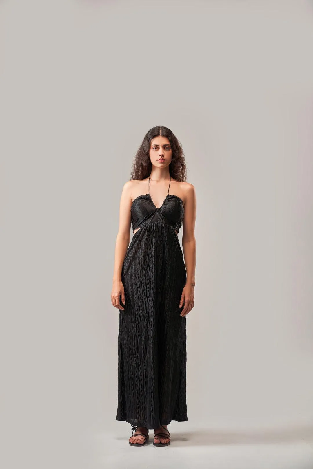 BLACK TEXTURED DRAWSTRING DETAIL DRESS