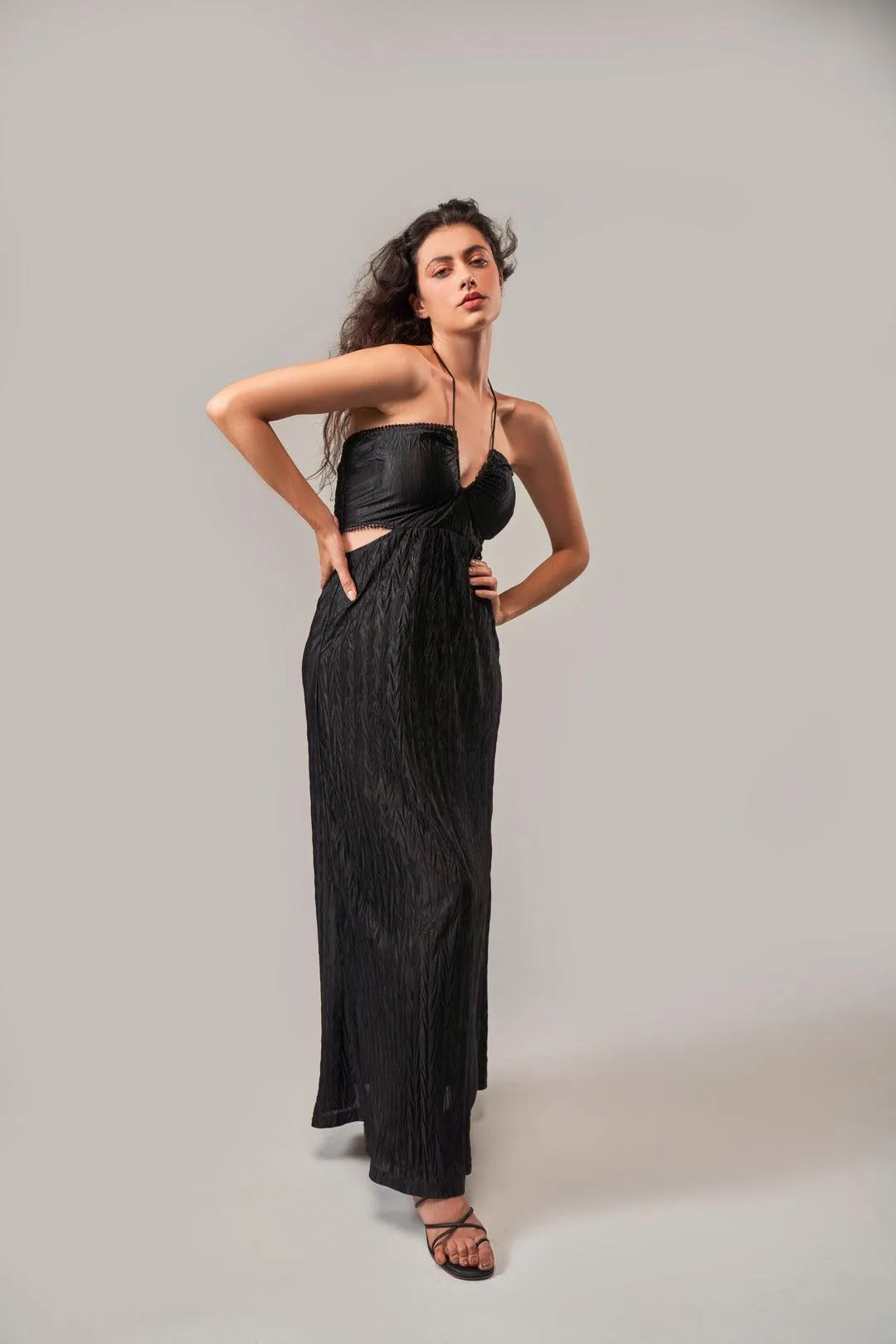 BLACK TEXTURED DRAWSTRING DETAIL DRESS