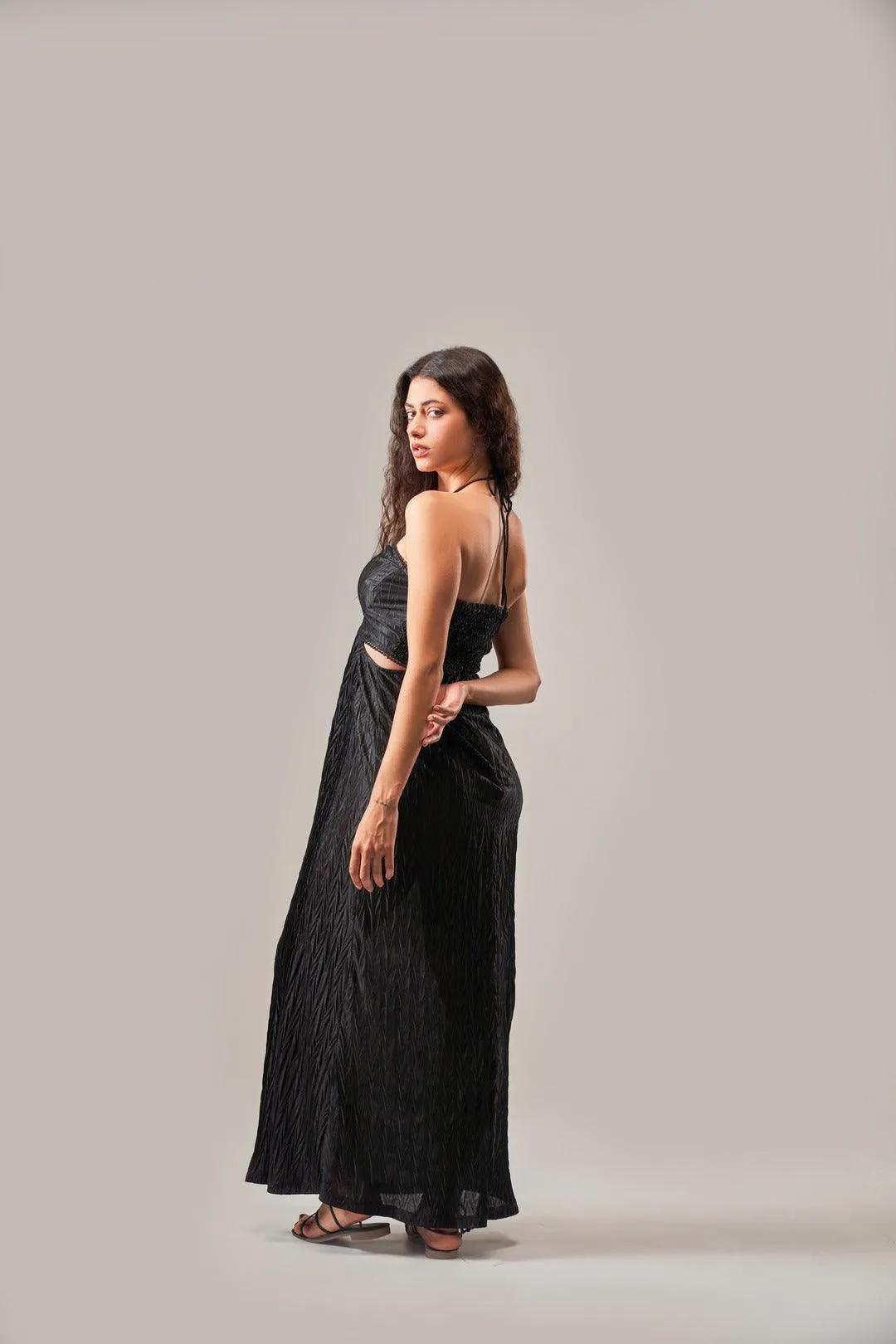 BLACK TEXTURED DRAWSTRING DETAIL DRESS