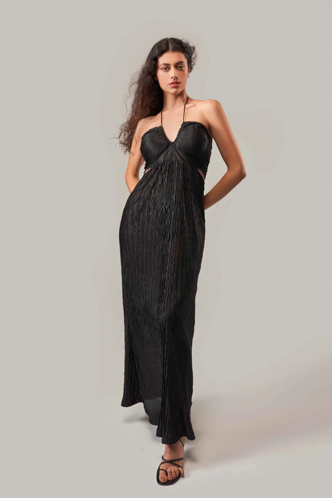 BLACK TEXTURED DRAWSTRING DETAIL DRESS