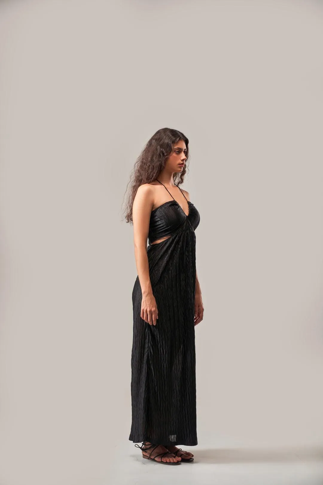 BLACK TEXTURED DRAWSTRING DETAIL DRESS