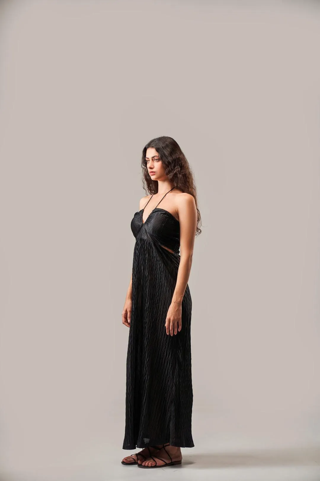 BLACK TEXTURED DRAWSTRING DETAIL DRESS