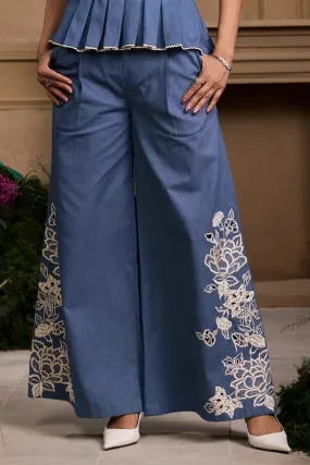 Blue Contrast Cutwork Flared Pants