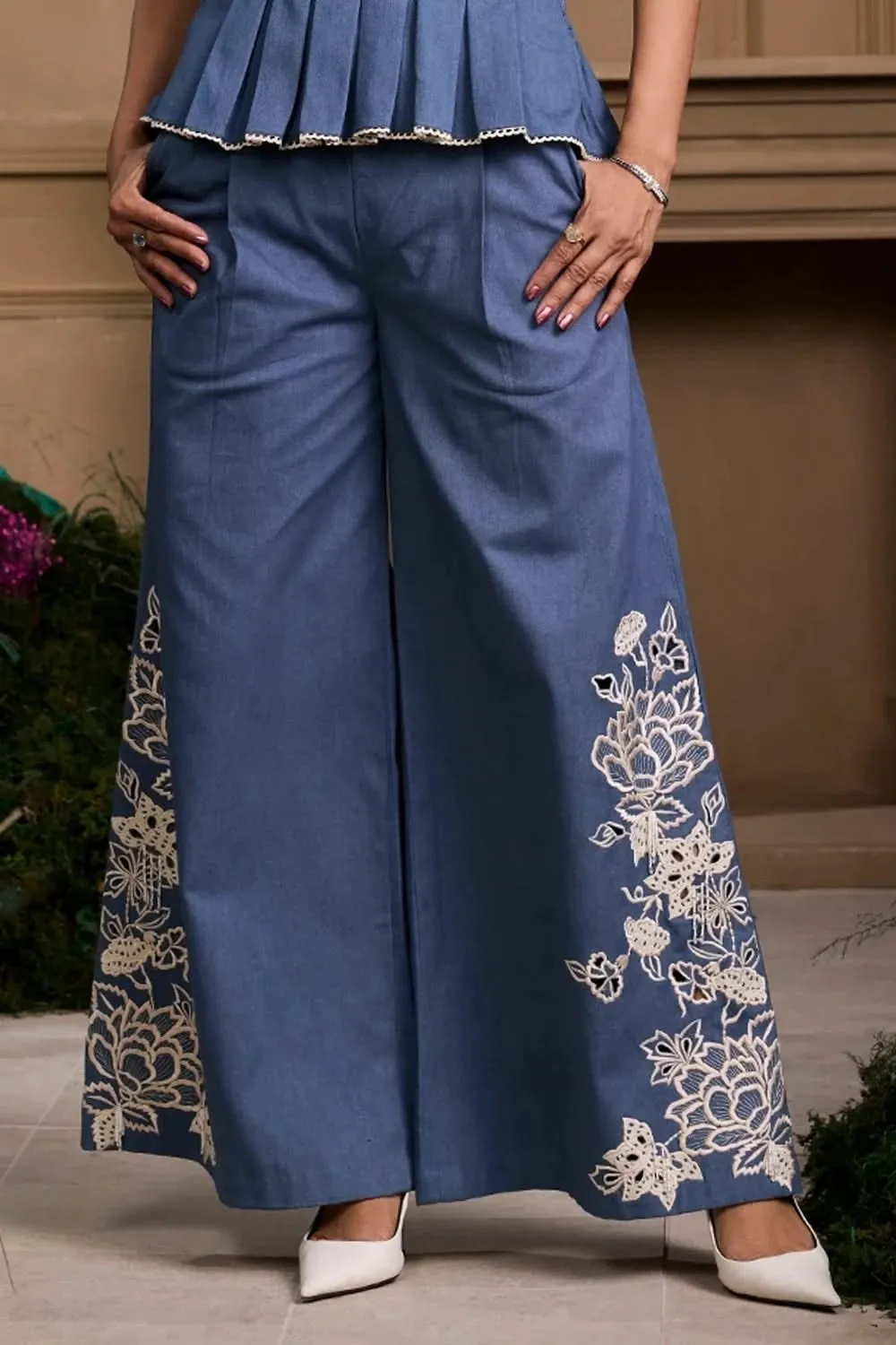 Blue Contrast Cutwork Flared Pants