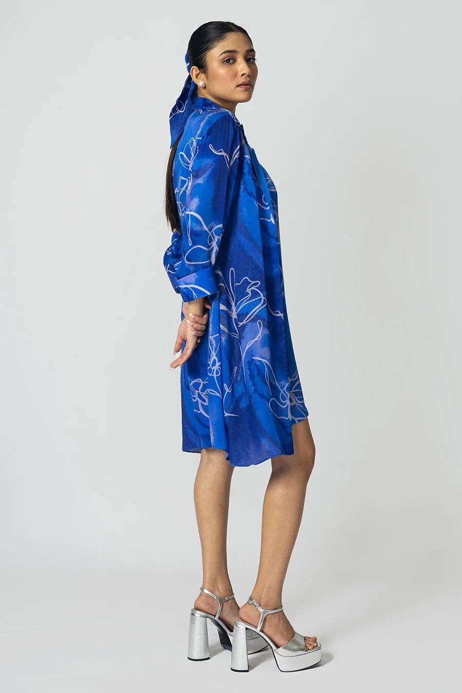 Blue Marbled Floral Printed Jacket With Slip Dress