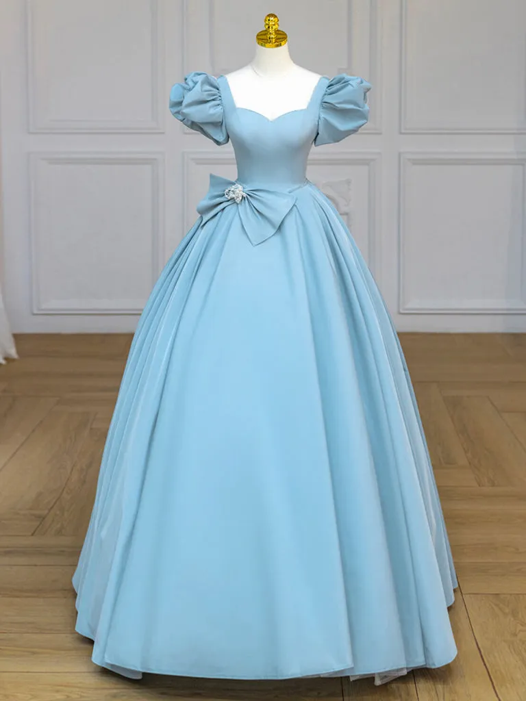 Blue Satin Puff Sleeves Long Prom Gown, Blue Long Sweet 16 Dress