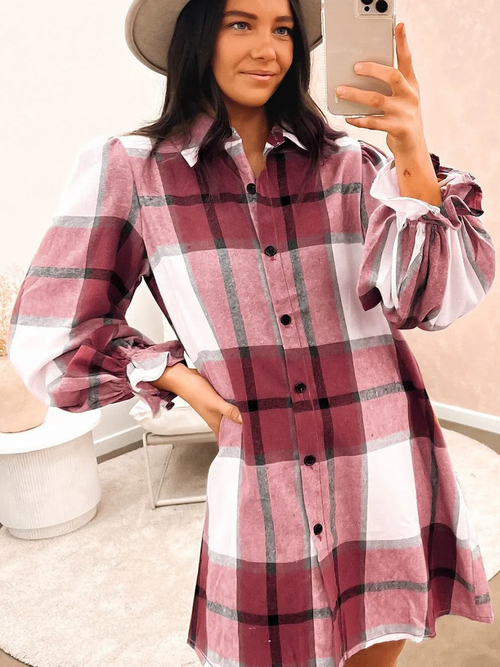 Button Up Plaid Mini Dress
