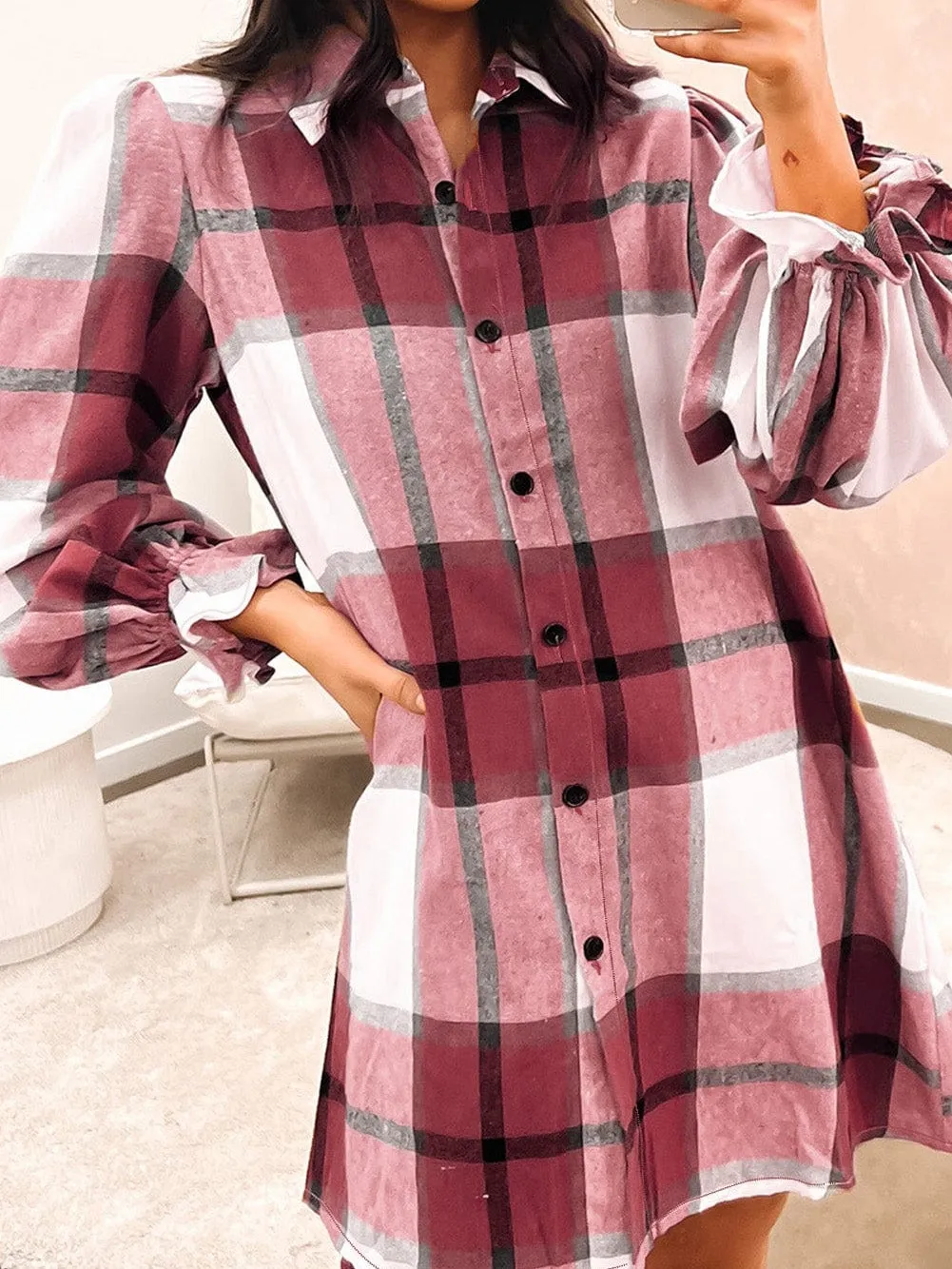 Button Up Plaid Mini Dress