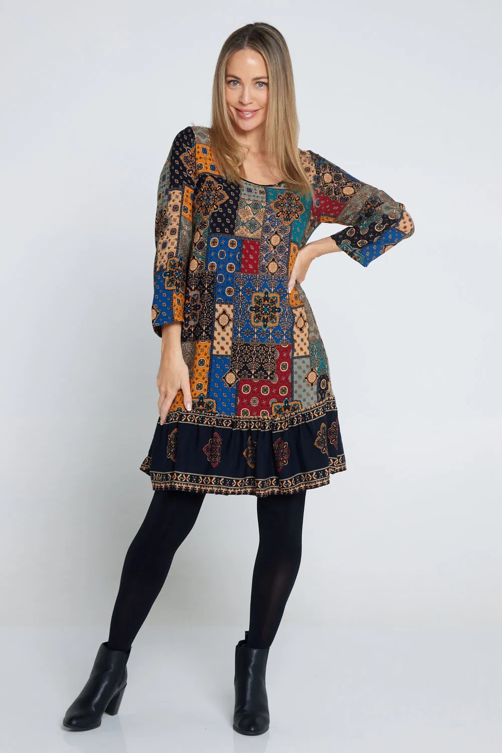 Cassandra Petite Dress - Red/Blue Patchwork