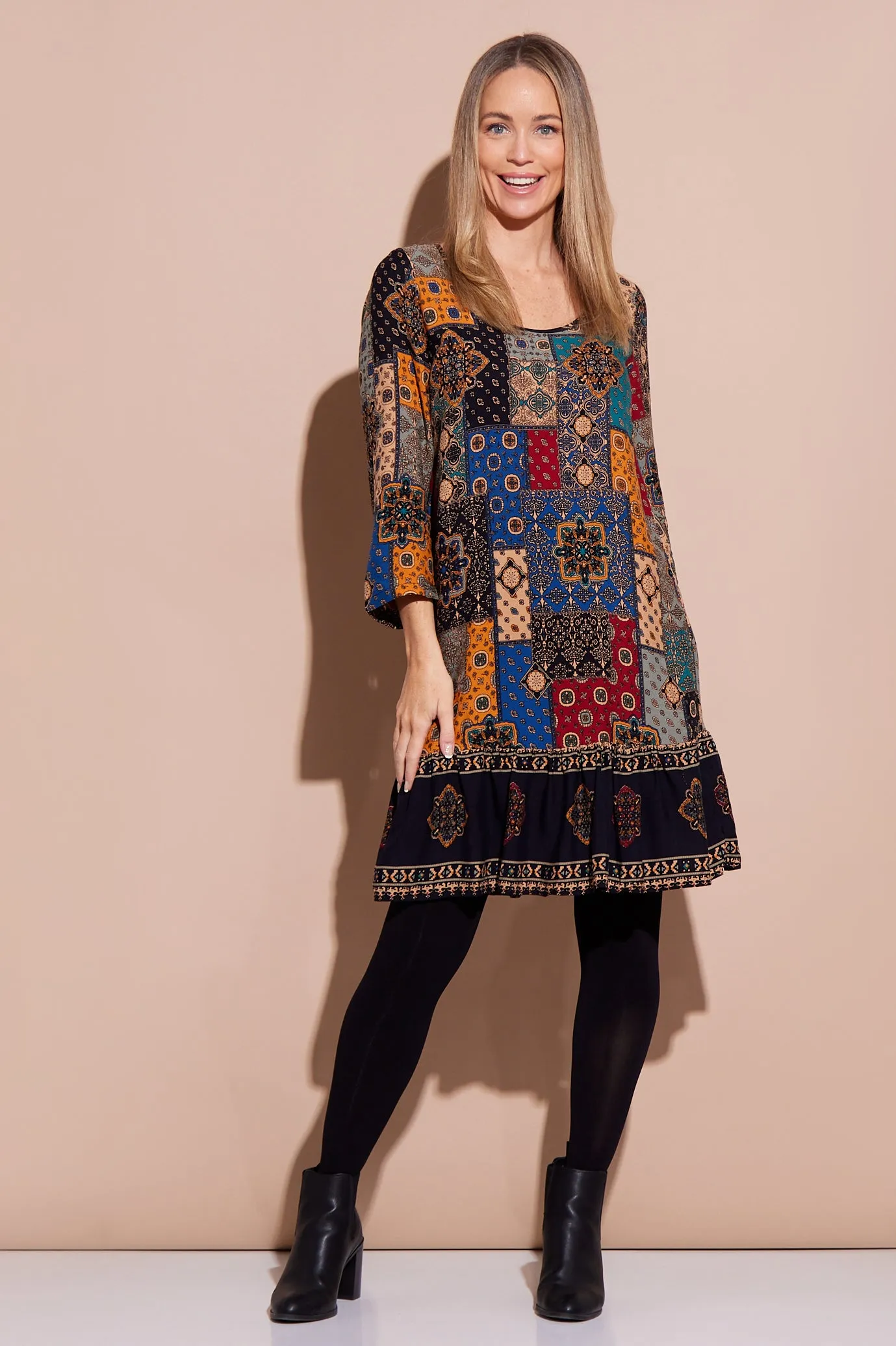 Cassandra Petite Dress - Red/Blue Patchwork