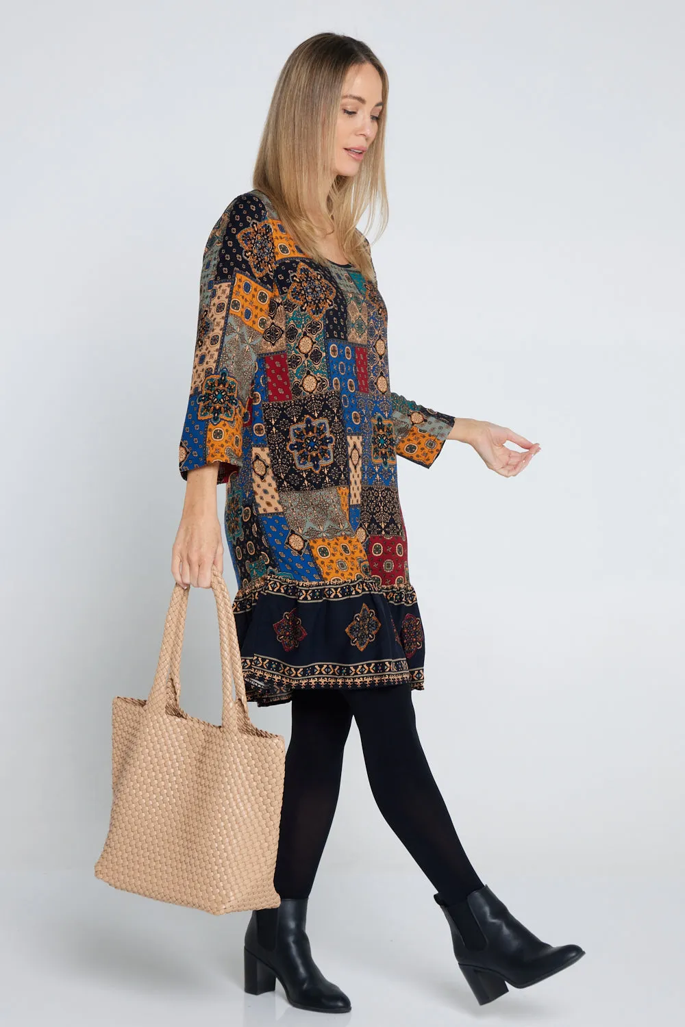 Cassandra Petite Dress - Red/Blue Patchwork
