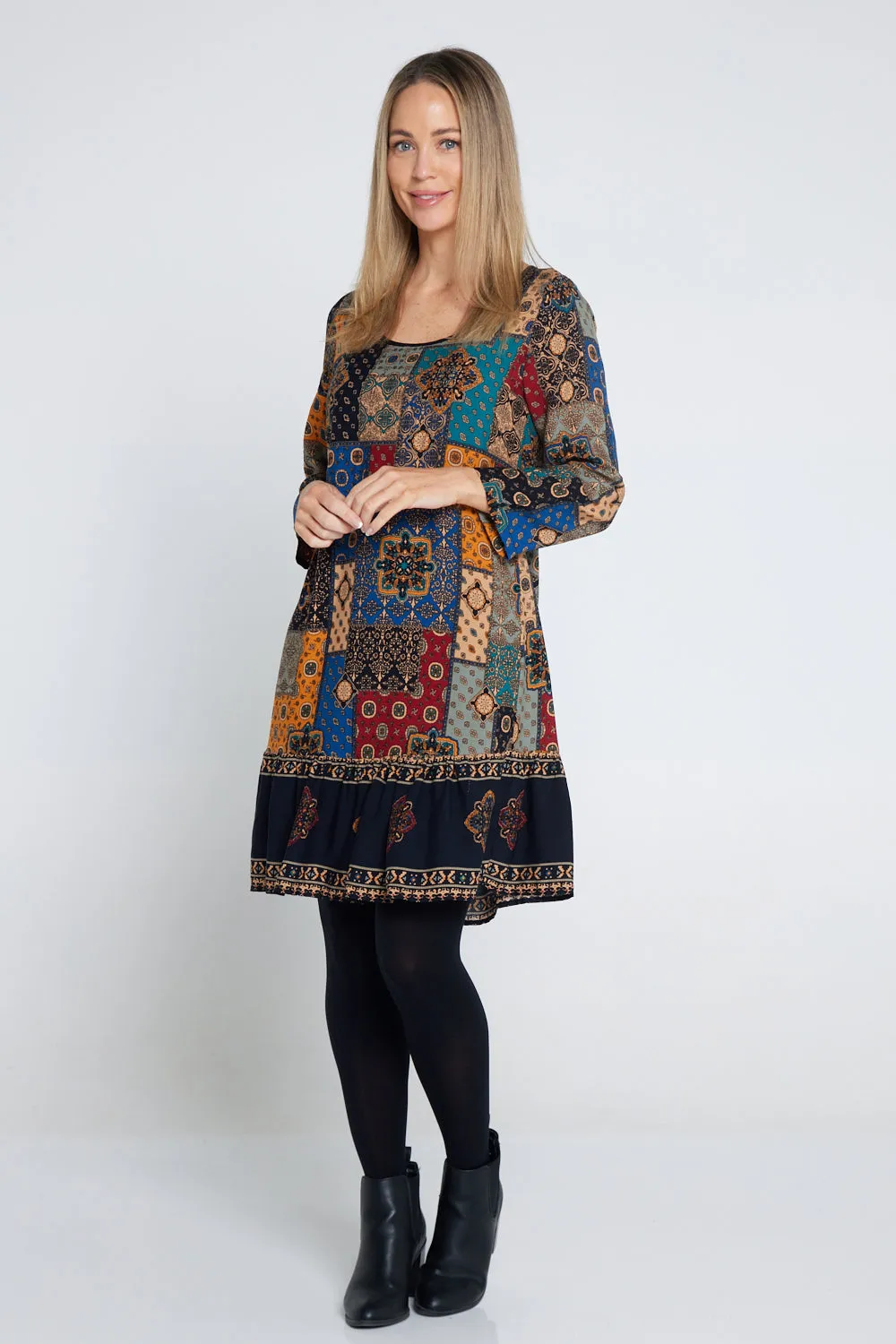 Cassandra Petite Dress - Red/Blue Patchwork