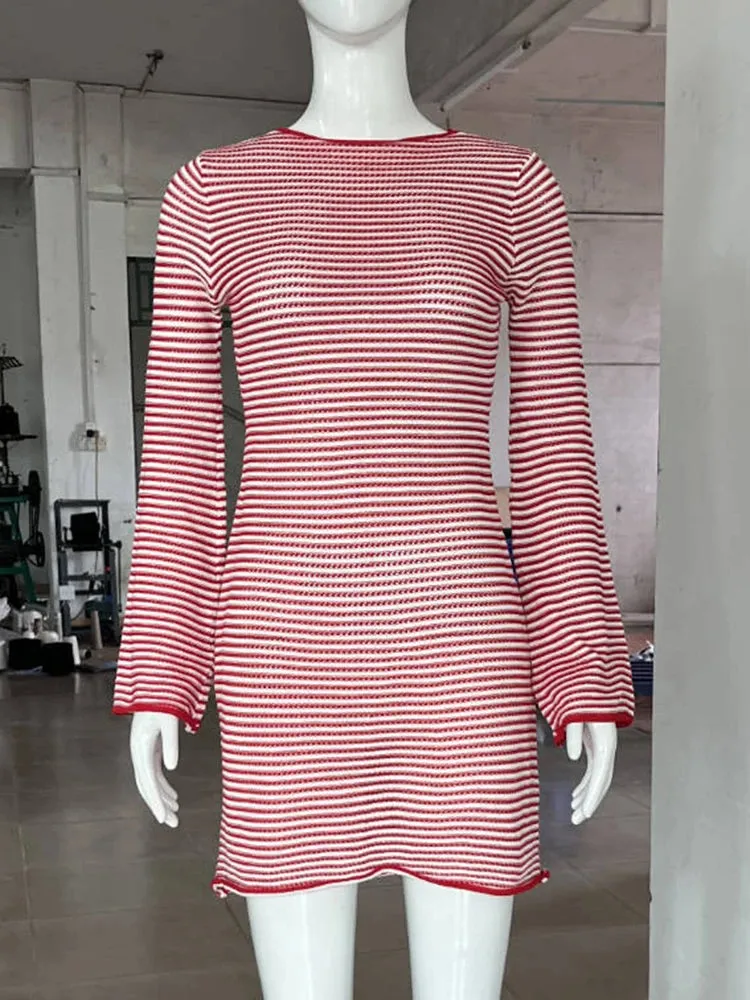Casual Striped Knit Cocktail Mini Dress - Party Perfect 🎉👗