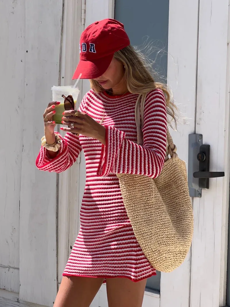 Casual Striped Knit Cocktail Mini Dress - Party Perfect 🎉👗