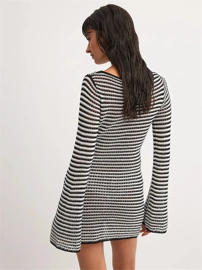 Casual Striped Knit Cocktail Mini Dress - Party Perfect 🎉👗