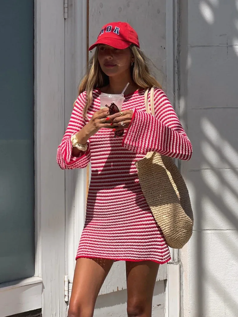 Casual Striped Knit Cocktail Mini Dress - Party Perfect 🎉👗