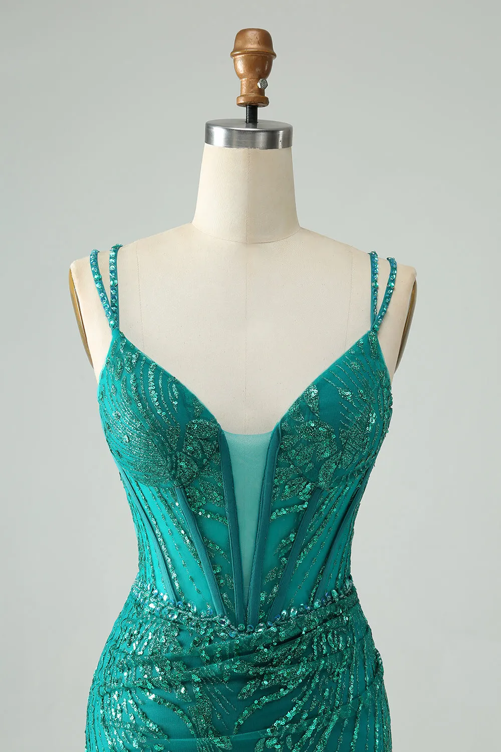 Classy Dark Green Bodycon Spaghetti Straps Corset Sequin Short Homecoming Dress