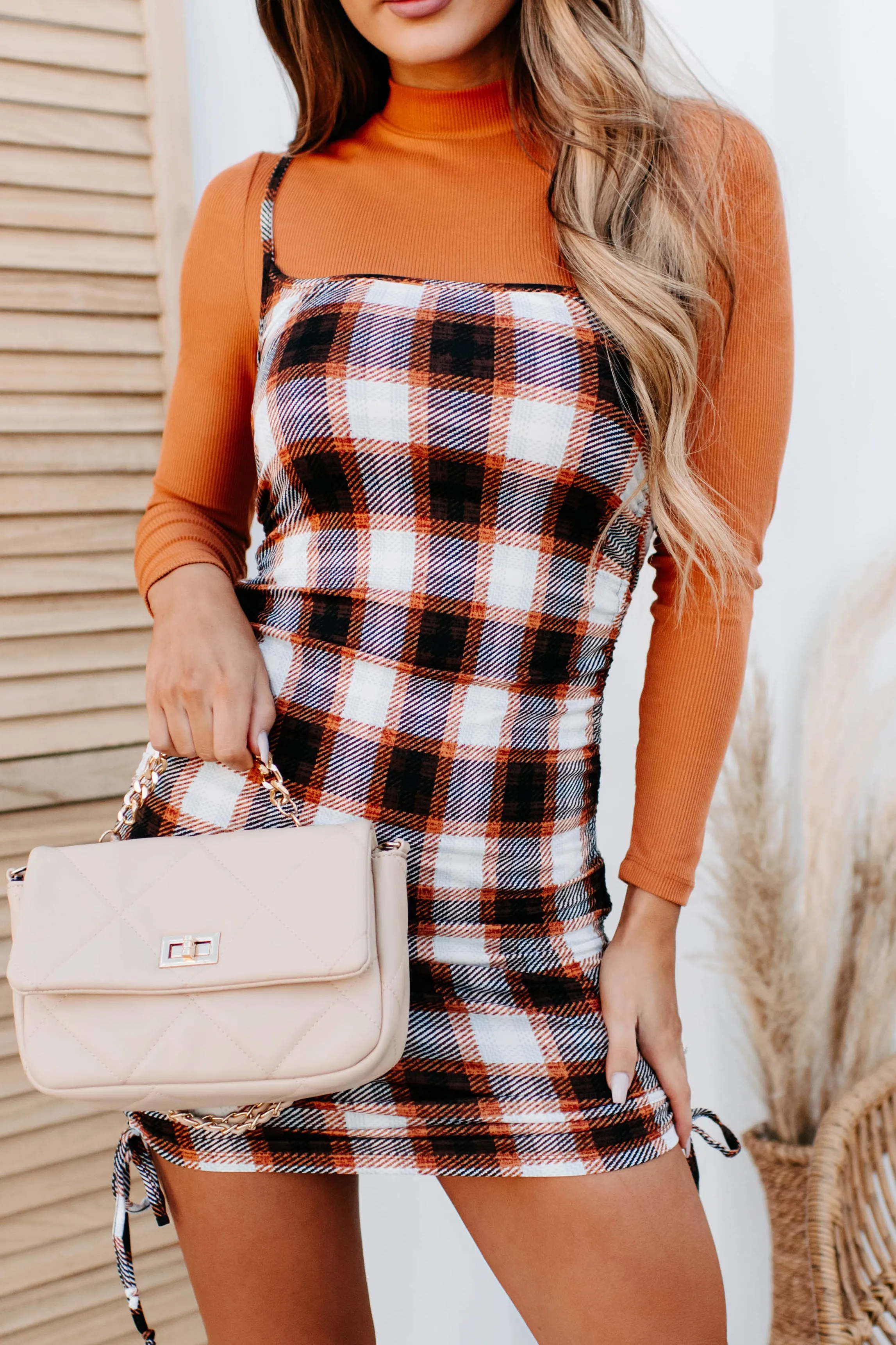 Deeper Meaning Plaid Mock Neck Top & Bodycon Two-Piece Set (Amber/Cream)