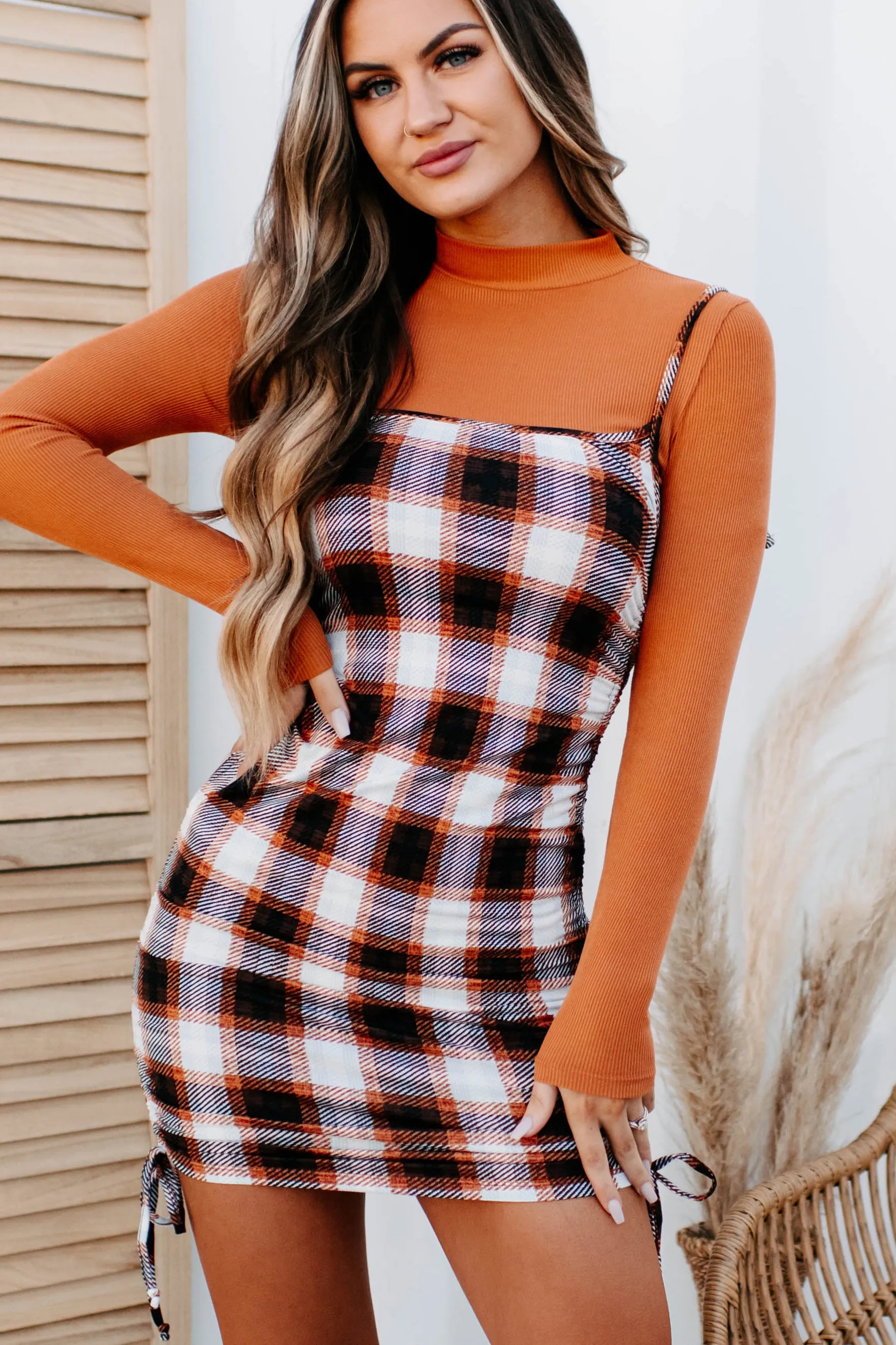Deeper Meaning Plaid Mock Neck Top & Bodycon Two-Piece Set (Amber/Cream)