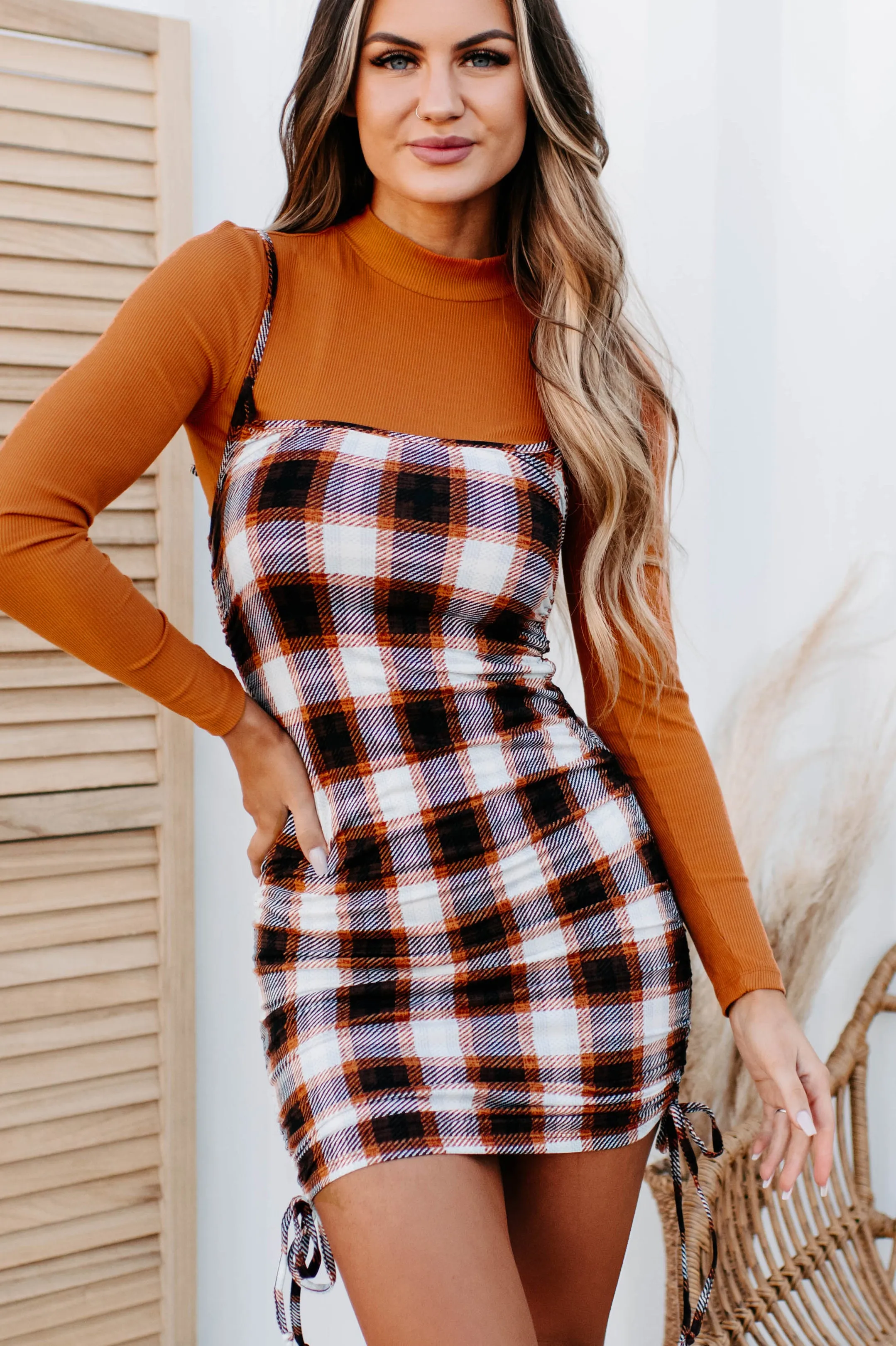 Deeper Meaning Plaid Mock Neck Top & Bodycon Two-Piece Set (Amber/Cream)