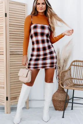 Deeper Meaning Plaid Mock Neck Top & Bodycon Two-Piece Set (Amber/Cream)