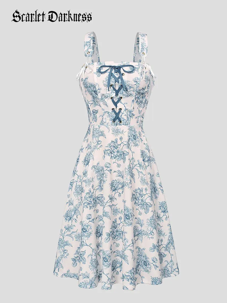 Detachable Wide Shoulder Straps Below Knee Flared Dress