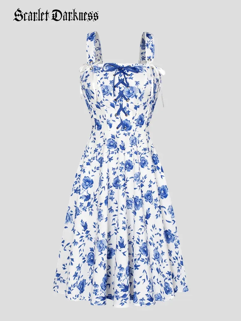 Detachable Wide Shoulder Straps Below Knee Flared Dress