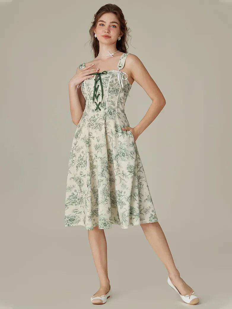 Detachable Wide Shoulder Straps Below Knee Flared Dress