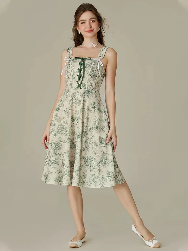 Detachable Wide Shoulder Straps Below Knee Flared Dress