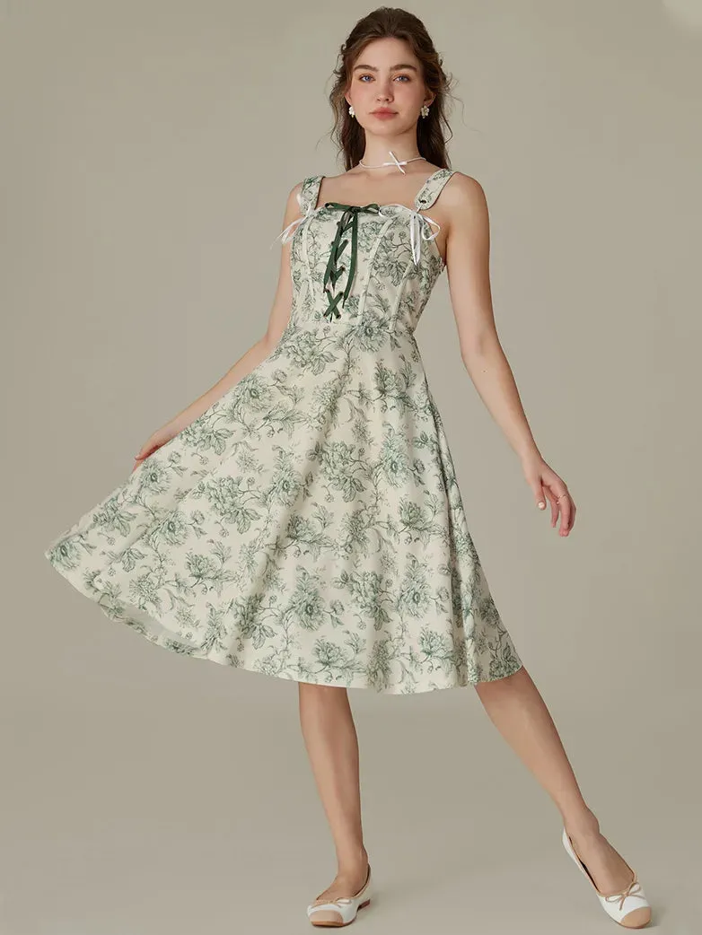 Detachable Wide Shoulder Straps Below Knee Flared Dress