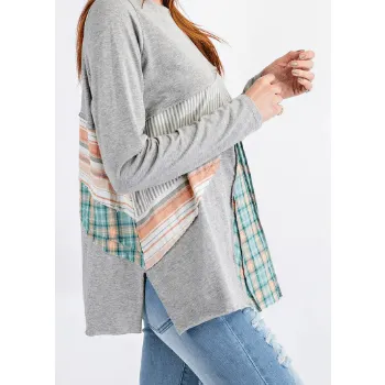 Easel Long Sleeve Mixed Media Plaid Top