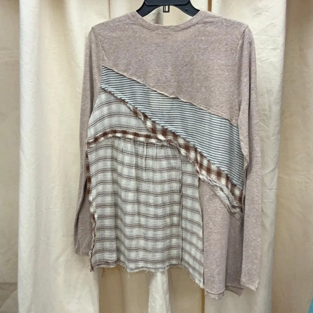 Easel Long Sleeve Mixed Media Plaid Top