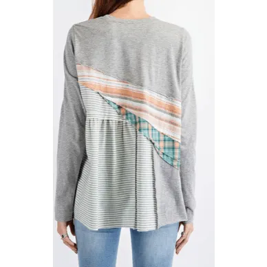 Easel Long Sleeve Mixed Media Plaid Top