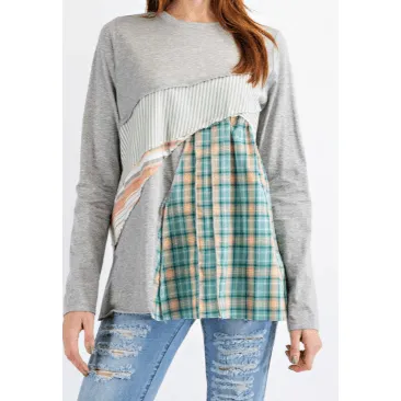 Easel Long Sleeve Mixed Media Plaid Top
