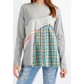 Easel Long Sleeve Mixed Media Plaid Top