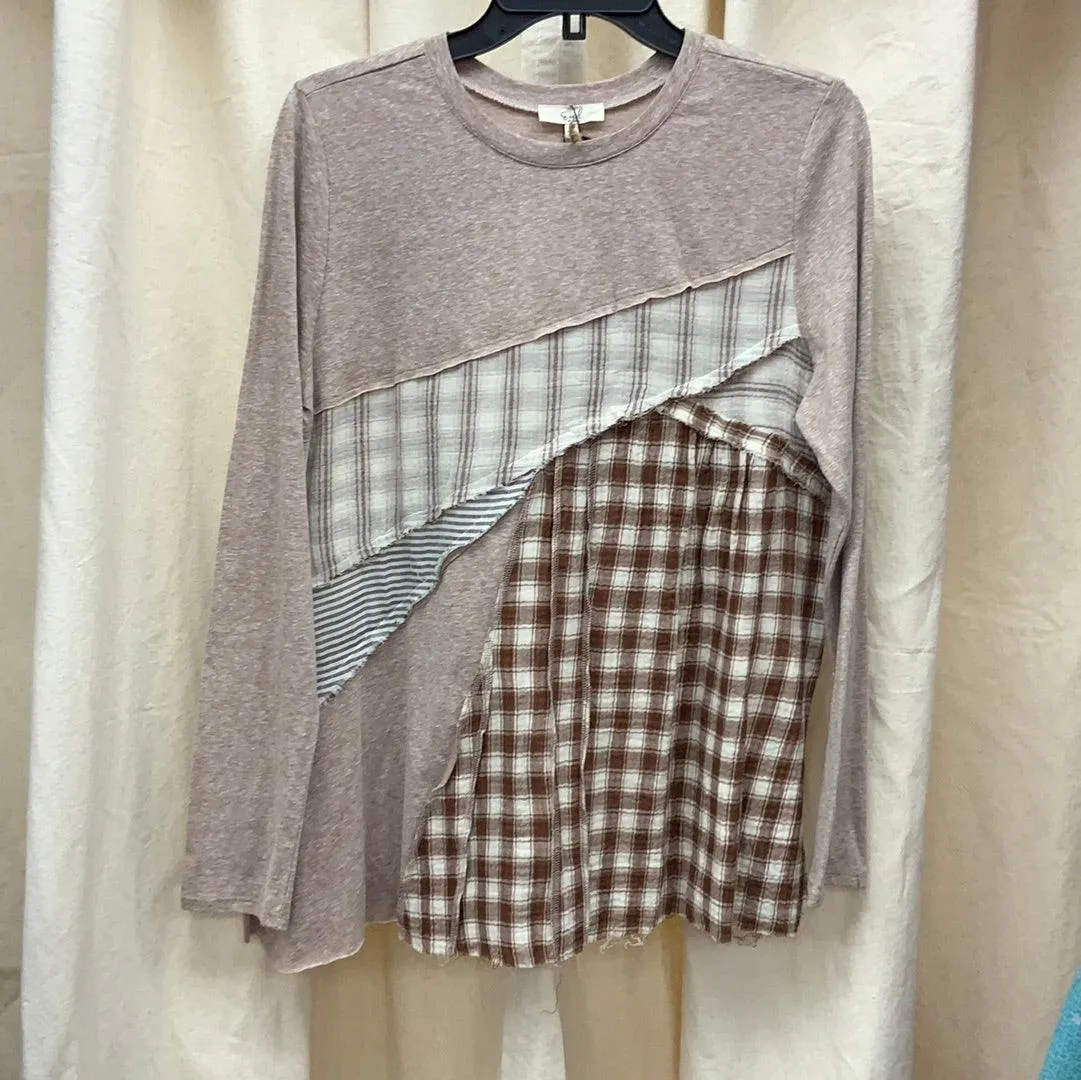 Easel Long Sleeve Mixed Media Plaid Top