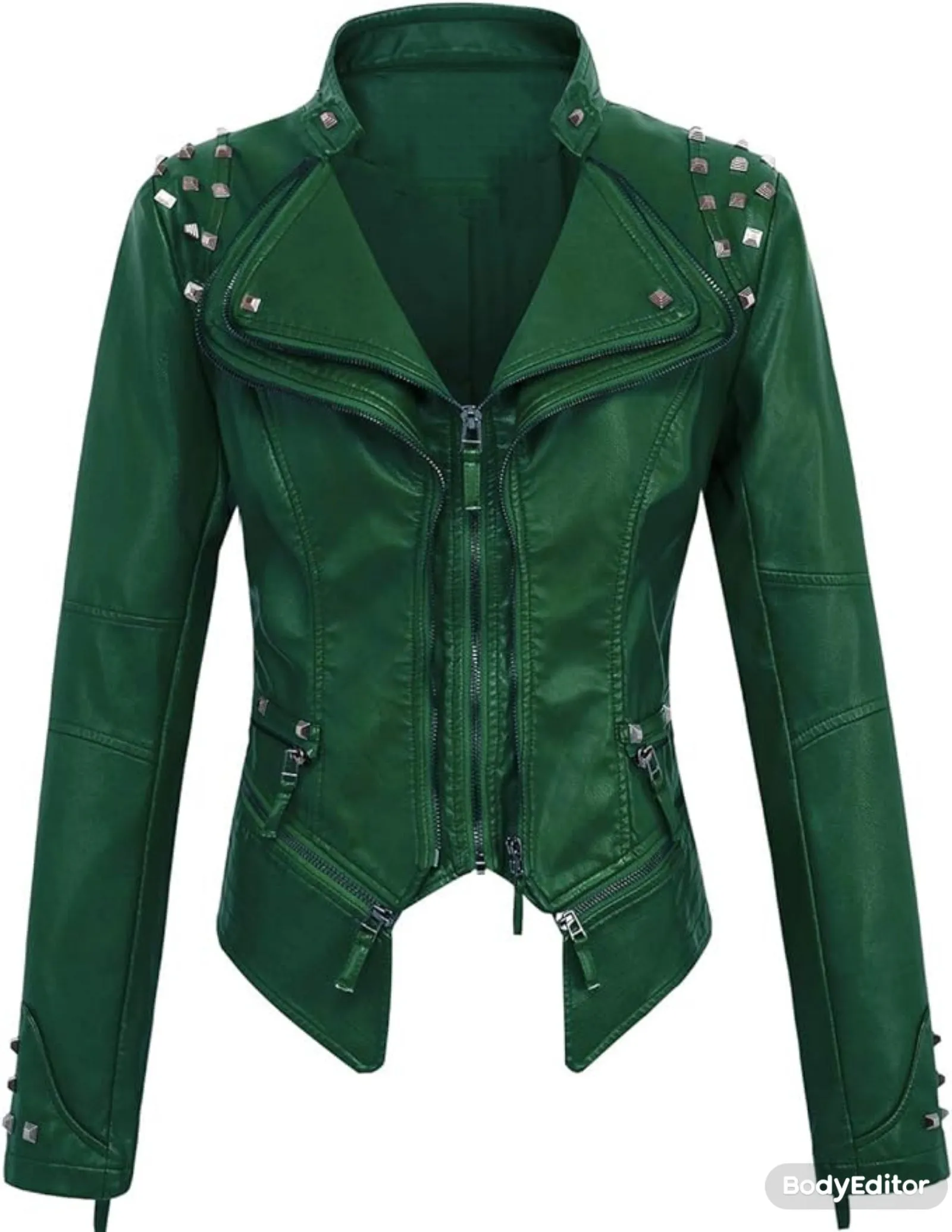 Edgy Green Studded Faux Leather Rocker Biker Jacket