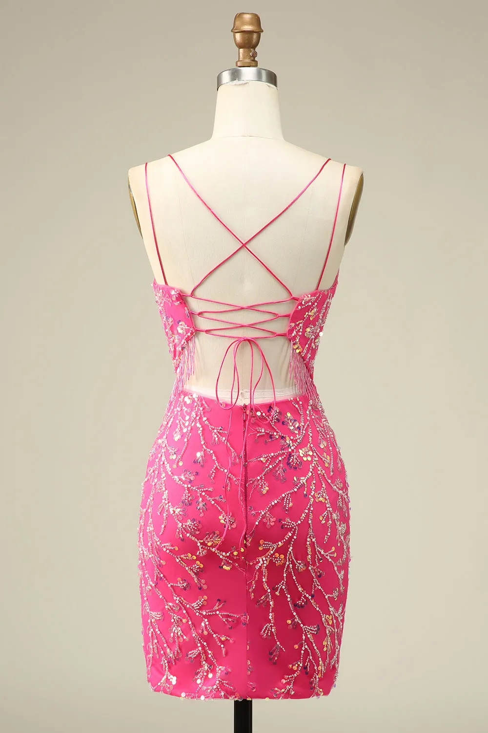 Elegant Fuchsia Bodycon Corset Backless Short Homecoming Dress with Tassel