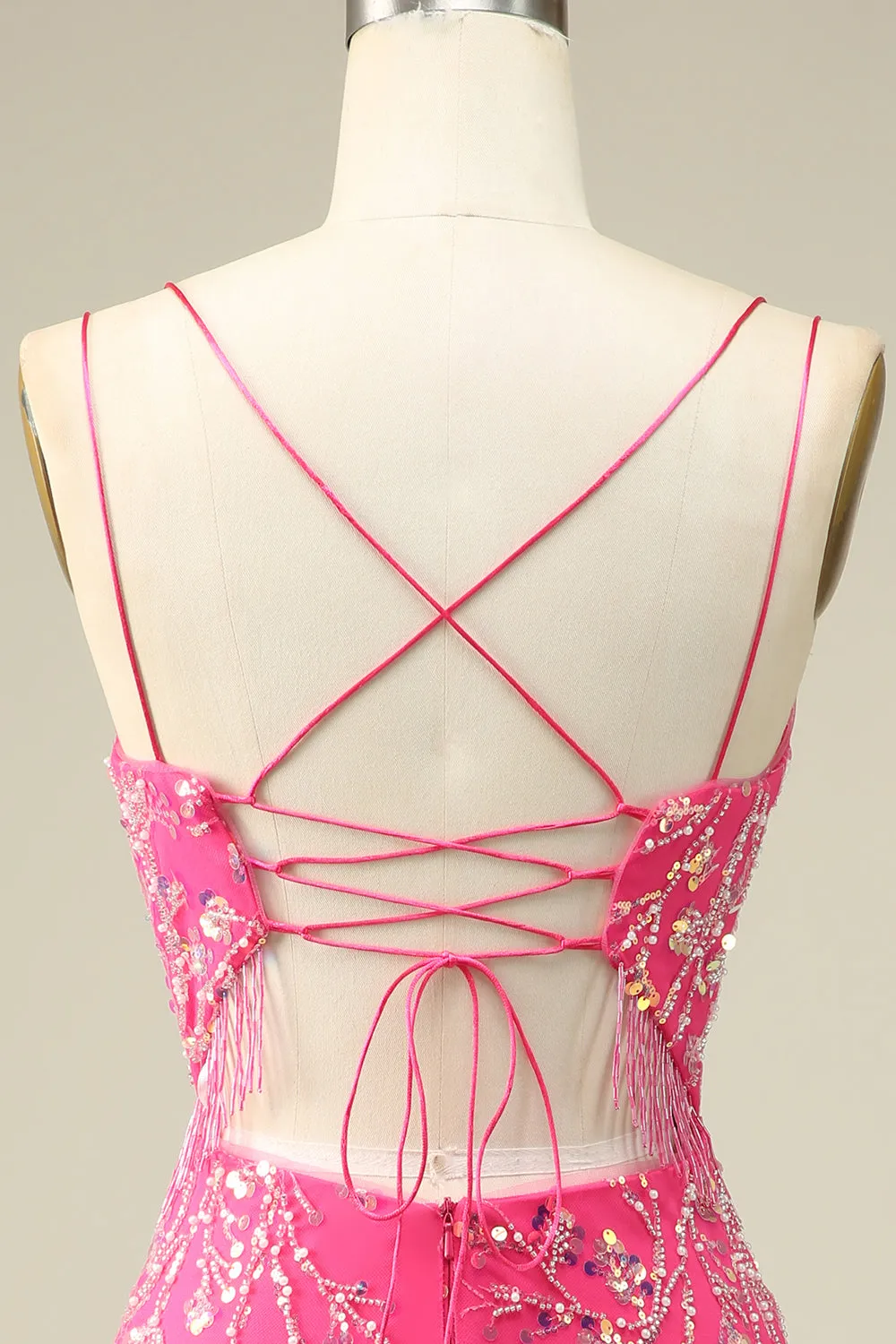 Elegant Fuchsia Bodycon Corset Backless Short Homecoming Dress with Tassel