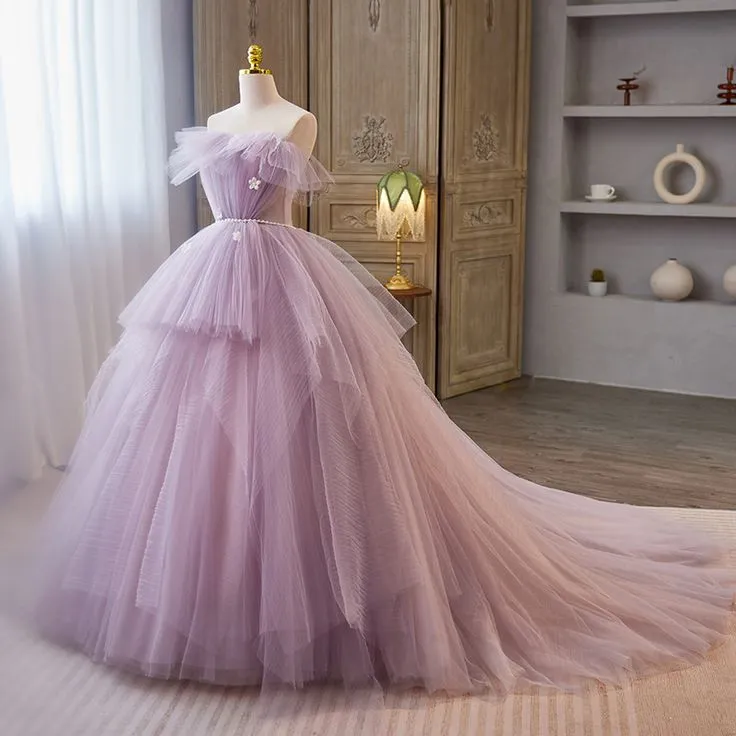 Elegant Lavender Cascading Ruffles Appliques Prom Dresses       fg4417