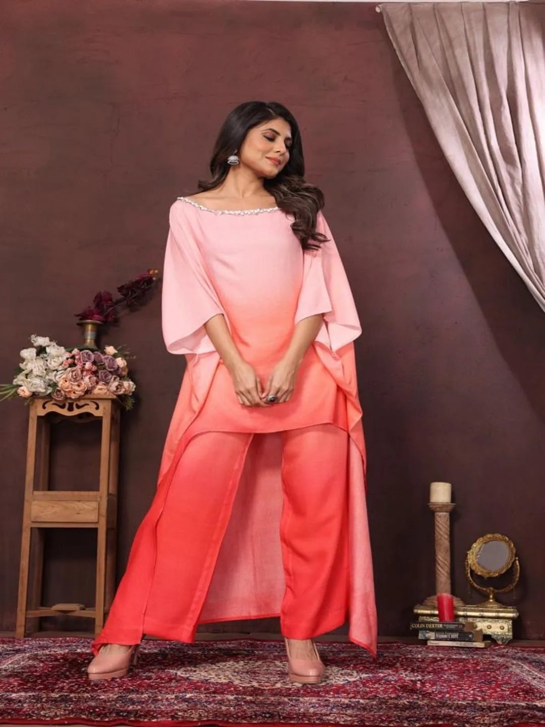 elegant ombré pure viscose asymmetric neck embellished kaftan top with comfortable straight pants set - Multi - Pink