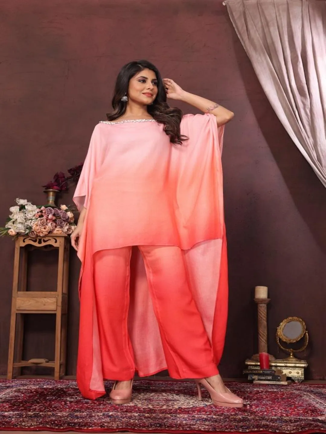 elegant ombré pure viscose asymmetric neck embellished kaftan top with comfortable straight pants set - Multi - Pink