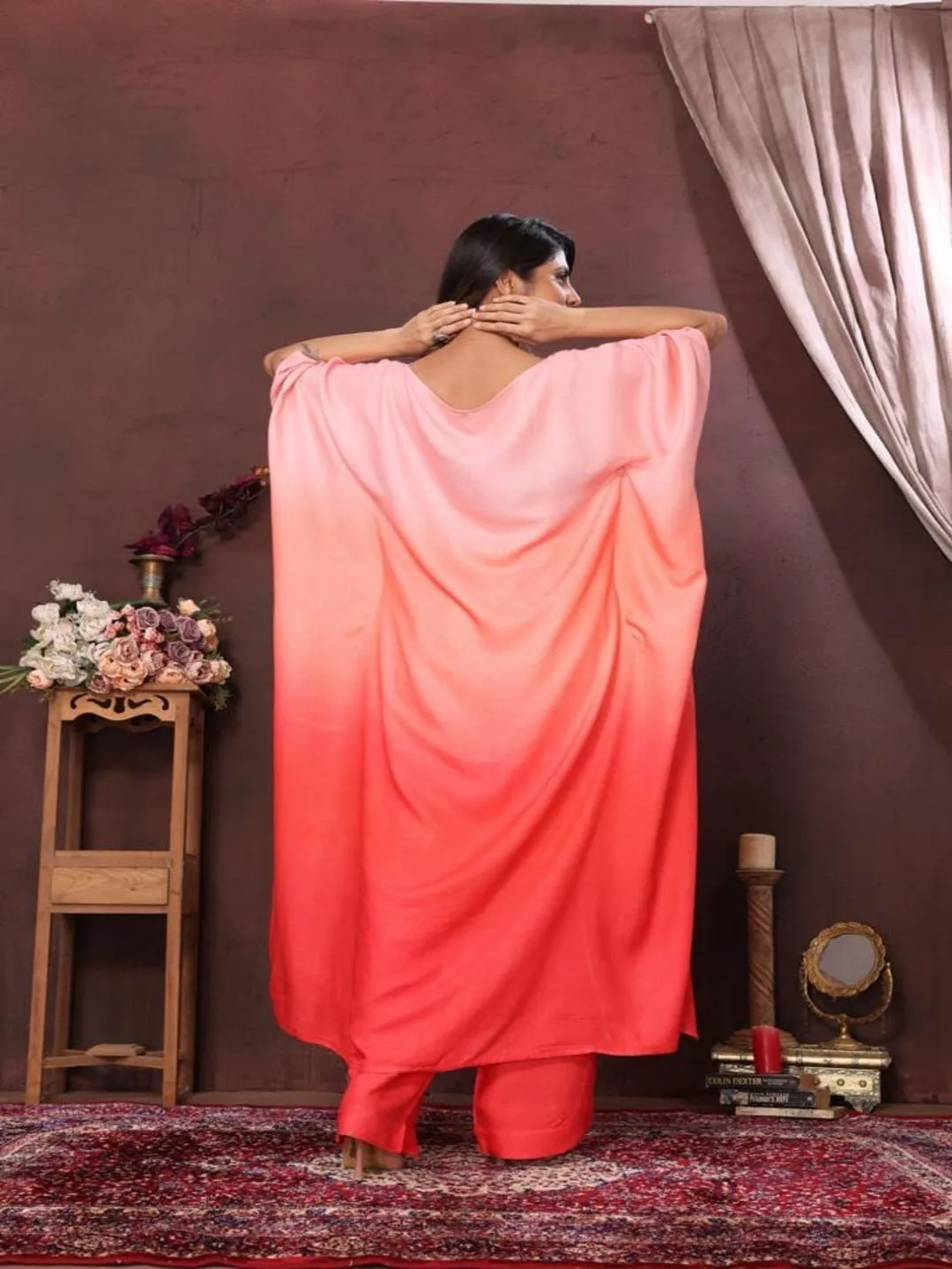elegant ombré pure viscose asymmetric neck embellished kaftan top with comfortable straight pants set - Multi - Pink