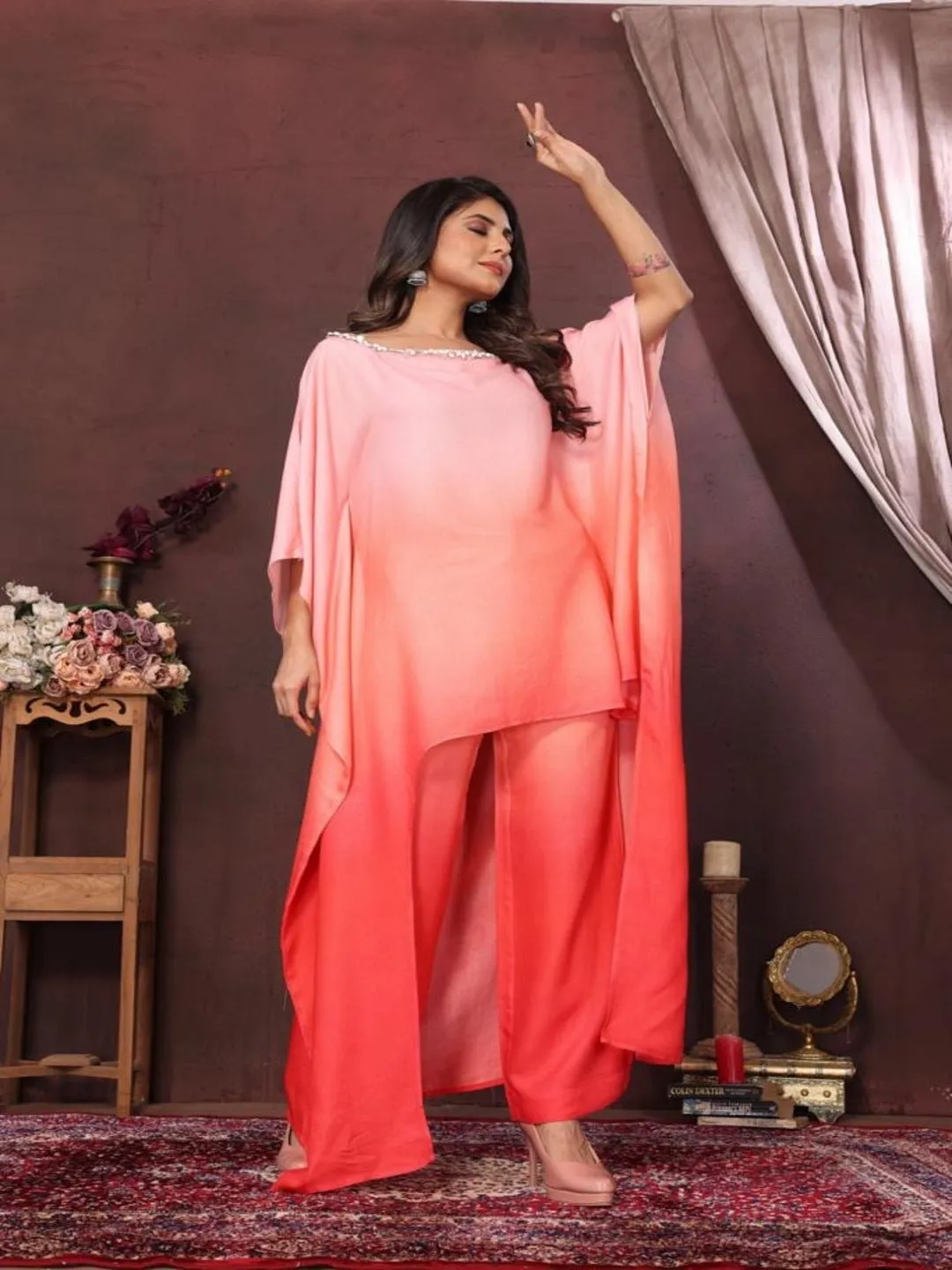 elegant ombré pure viscose asymmetric neck embellished kaftan top with comfortable straight pants set - Multi - Pink