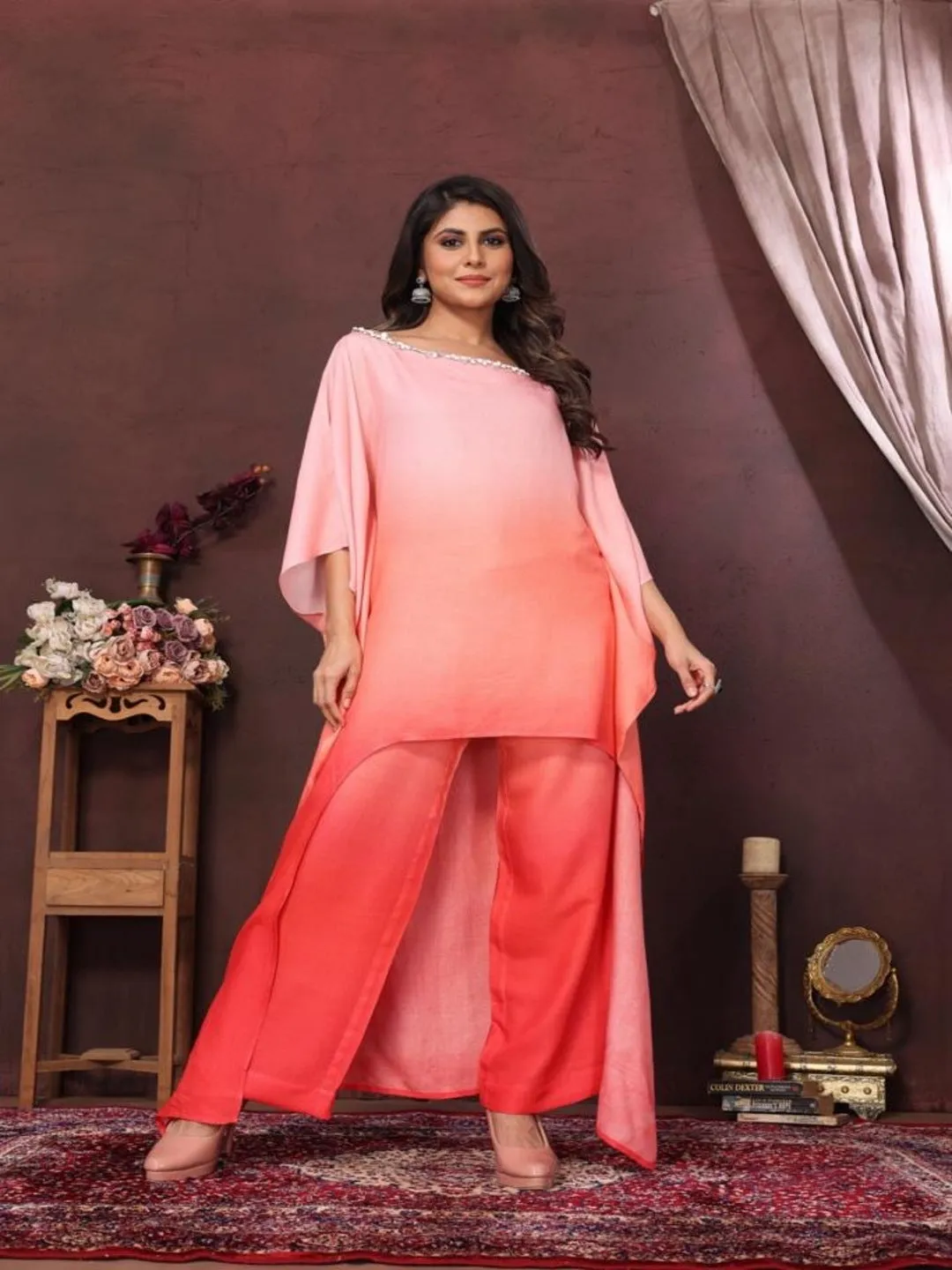 elegant ombré pure viscose asymmetric neck embellished kaftan top with comfortable straight pants set - Multi - Pink