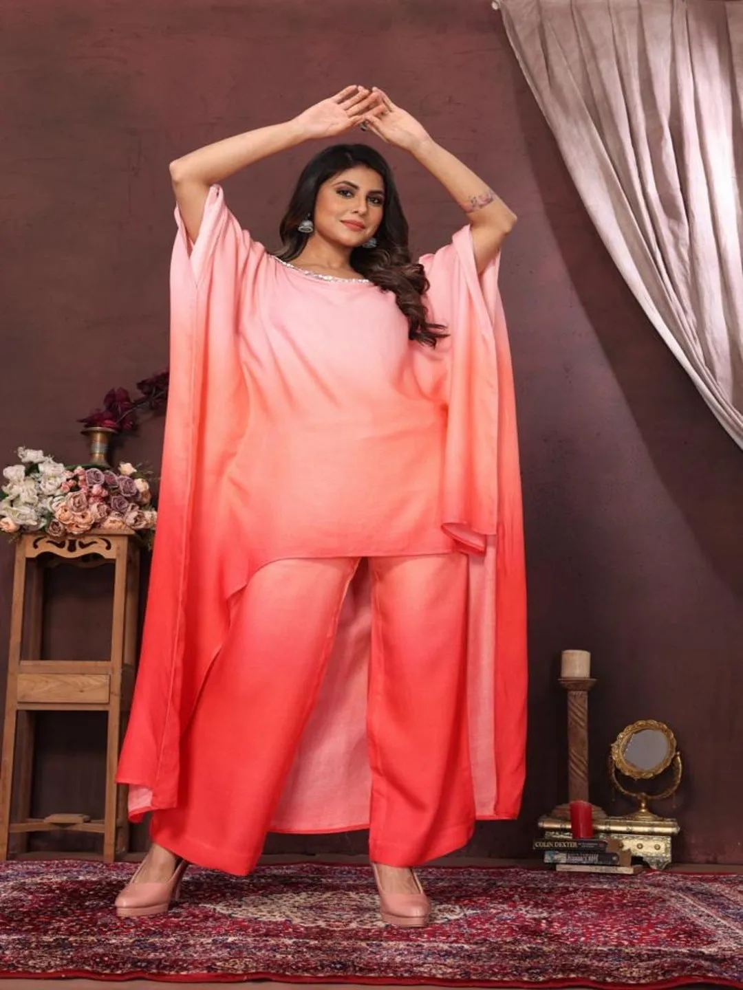 elegant ombré pure viscose asymmetric neck embellished kaftan top with comfortable straight pants set - Multi - Pink