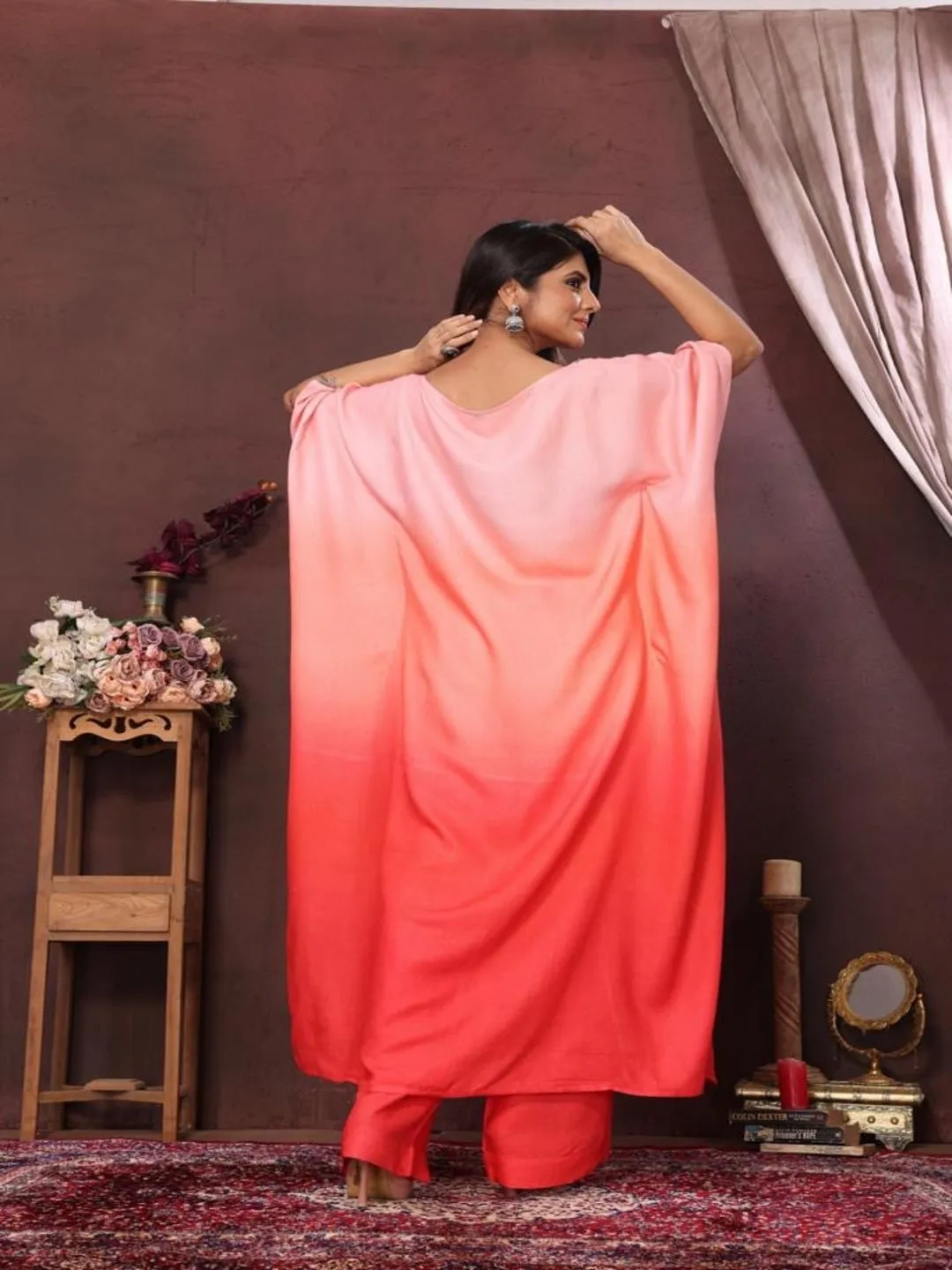 elegant ombré pure viscose asymmetric neck embellished kaftan top with comfortable straight pants set - Multi - Pink
