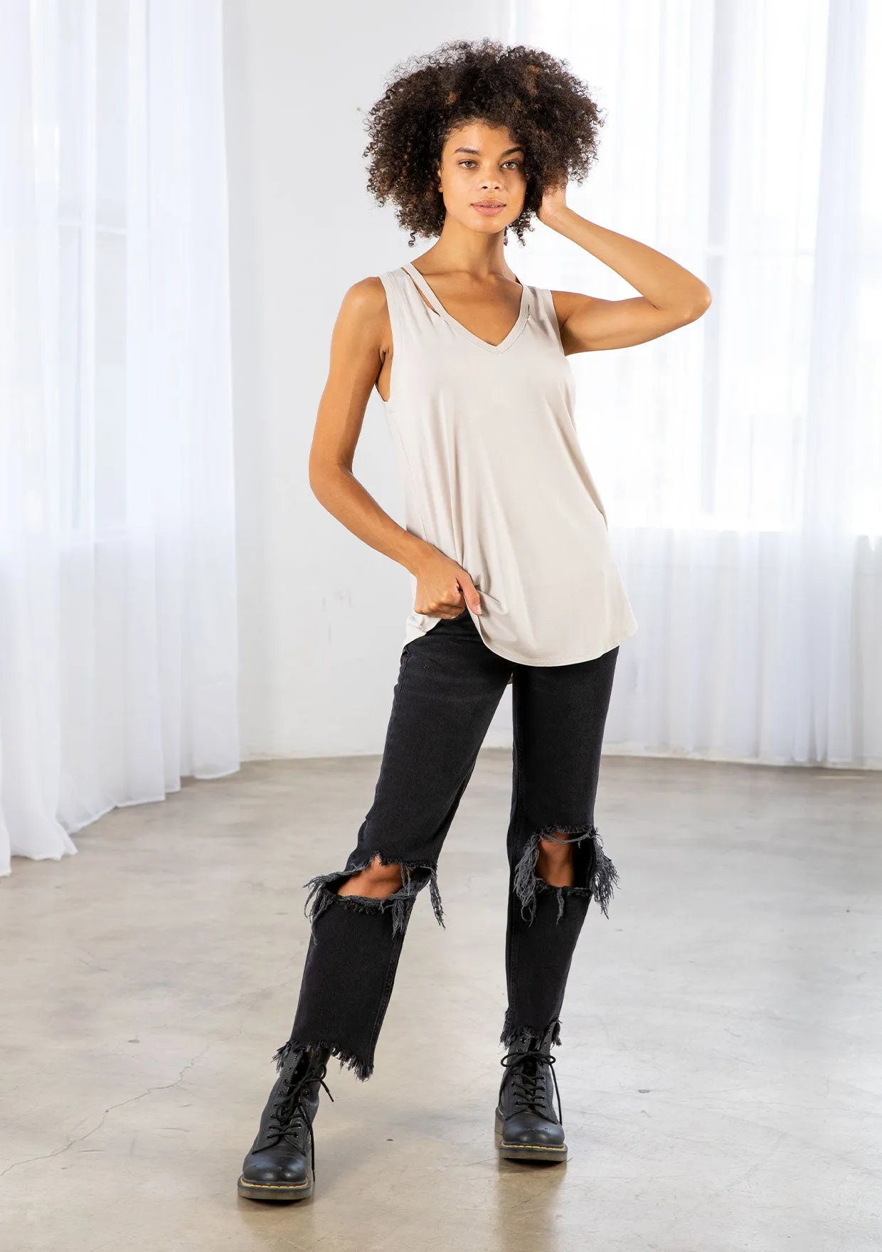 Essential V Neck Shoulder Cut Out Tank Top